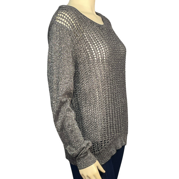 3-FOR-$30 Kenneth Cole Sz L Misha Pullover Sweater Mesh Knit Sparkly Silver New - Picture 2 of 11